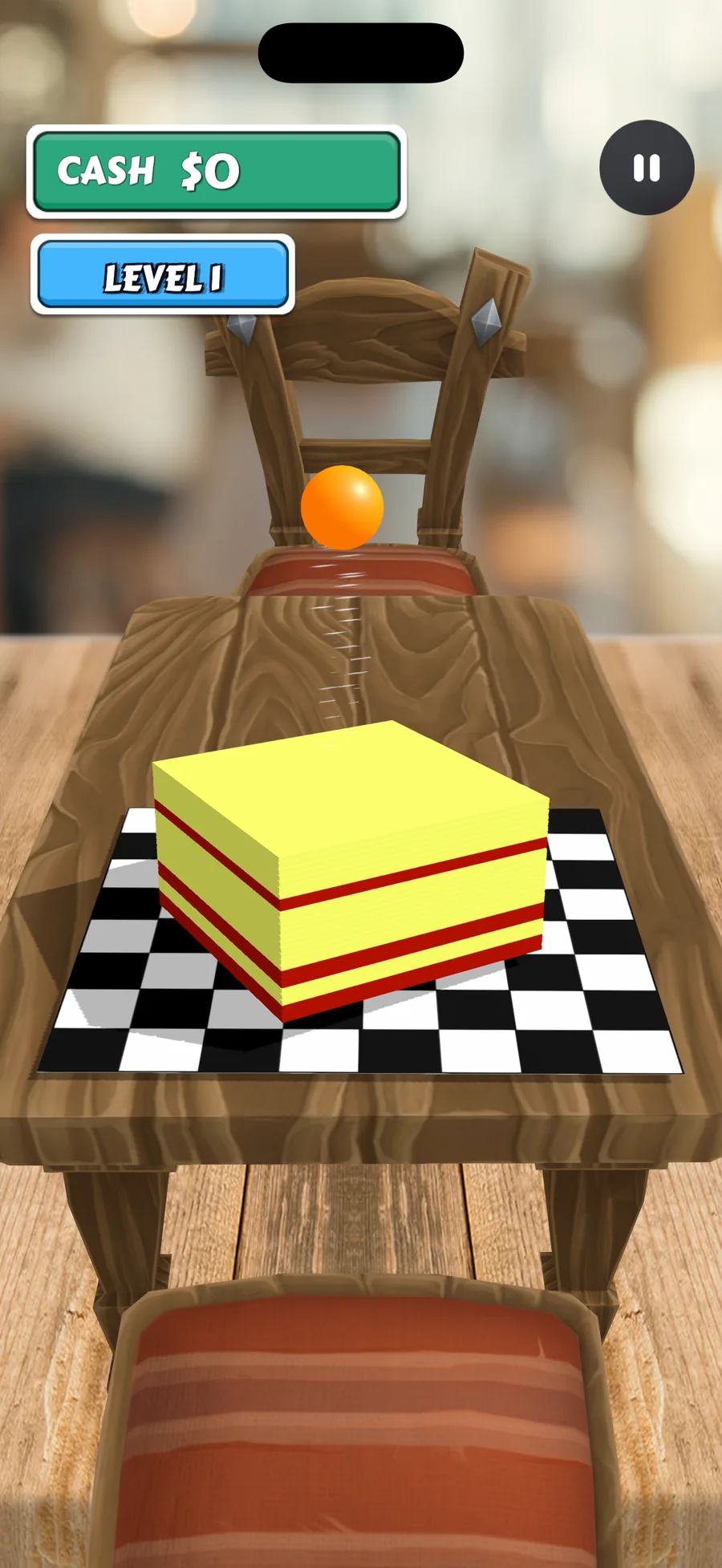 Gameplay: a ball dropping onto a card stack