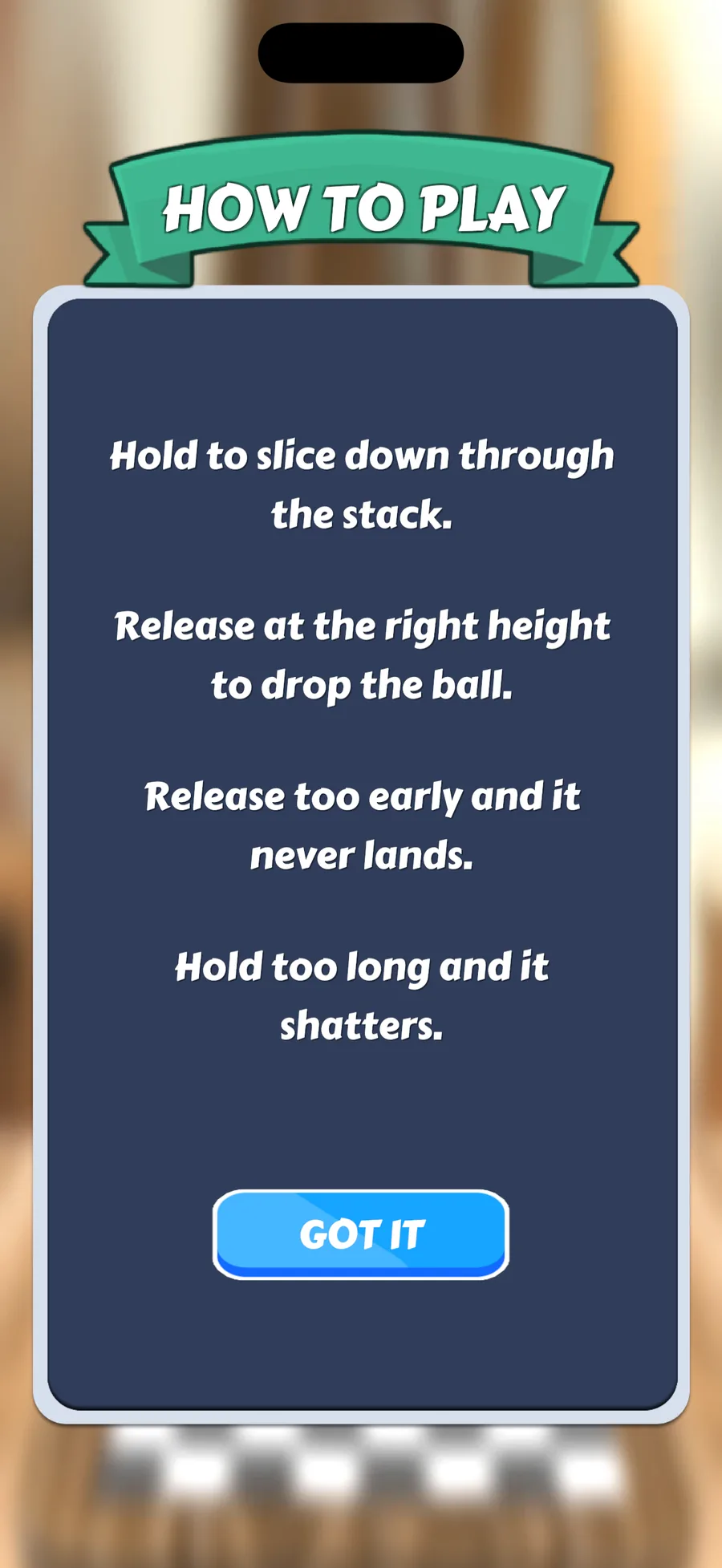 The how-to-play screen: hold to slice, release at the right height to drop the ball